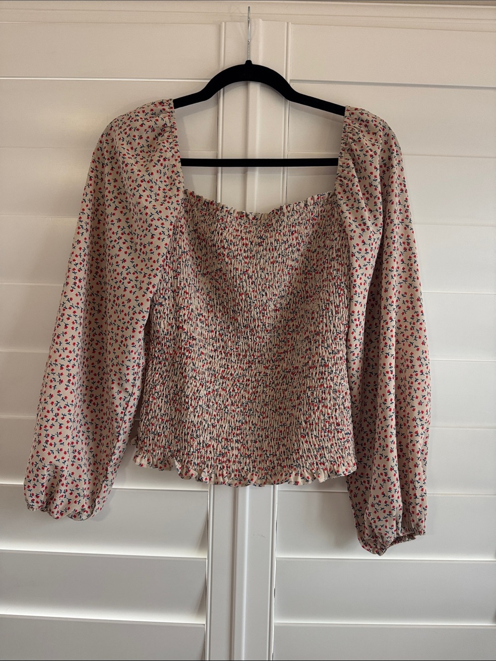 Smocked Floral Peasant Top - tan with red and blue flowers